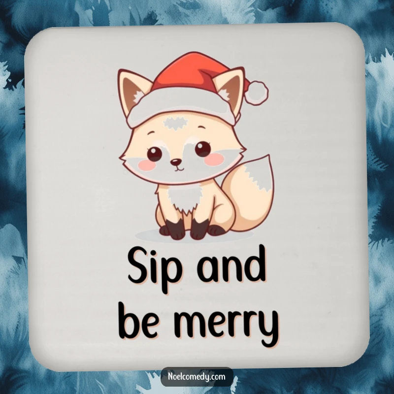 Funny drink coaster with a playful arctic fox character wearing a tiny Santa hat, adding holiday charm.