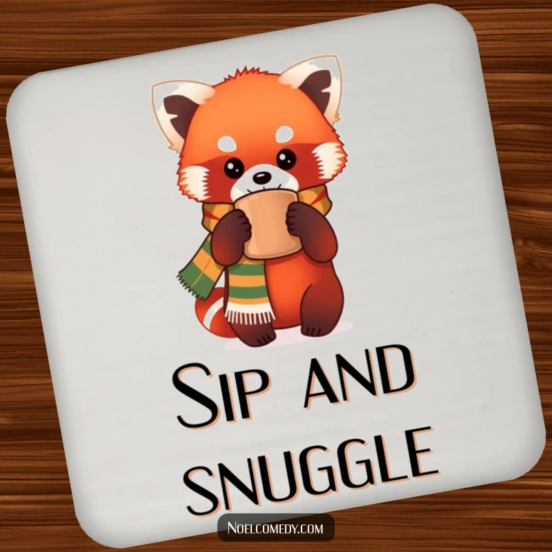 Funny Coaster: A red panda in a festive scarf holds a warm mug, providing humorous surface protection for drinks.