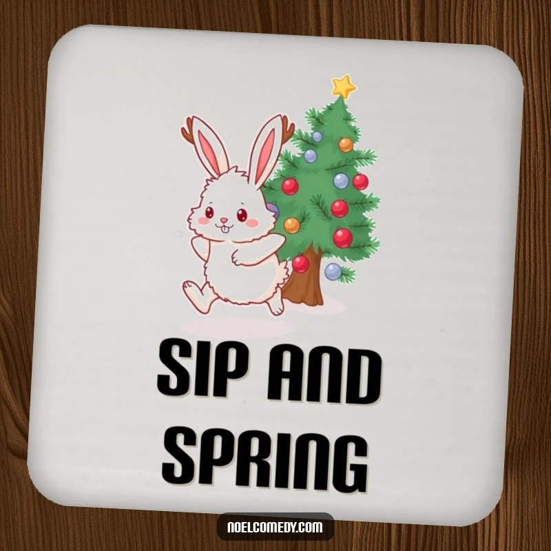 Funny Drink Coaster with a fluffy bunny and antlers hopping near a decorated evergreen, adding festive charm.