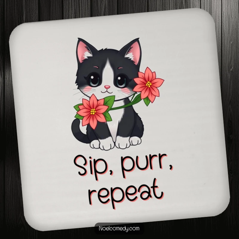 Funny drink coasters featuring a black and white cat with a poinsettia, providing surface protection with holiday cheer.