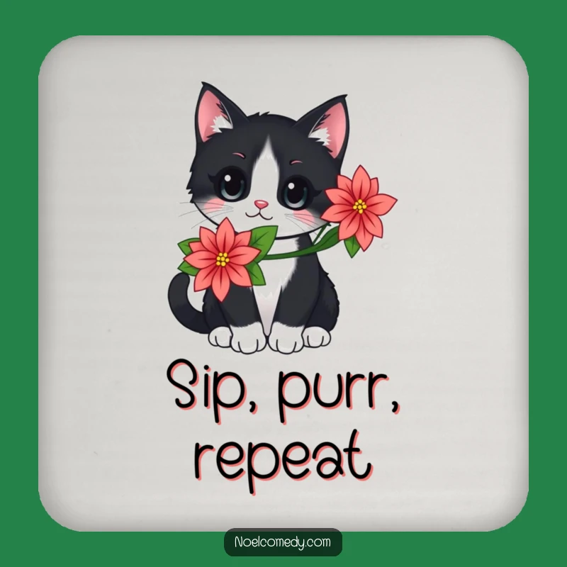 Festive Cat Poinsettia Coasters, Holiday Drink Protection, Cute Gift Set