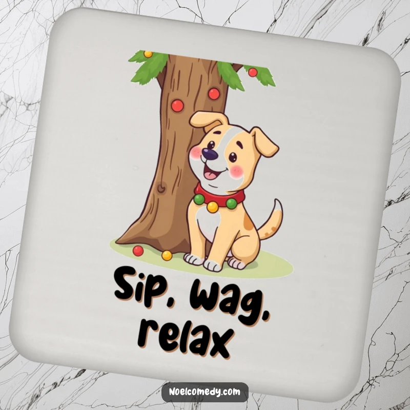 Funny drink coasters featuring a cheerful dog in a festive collar wagging its tail near a holiday tree.