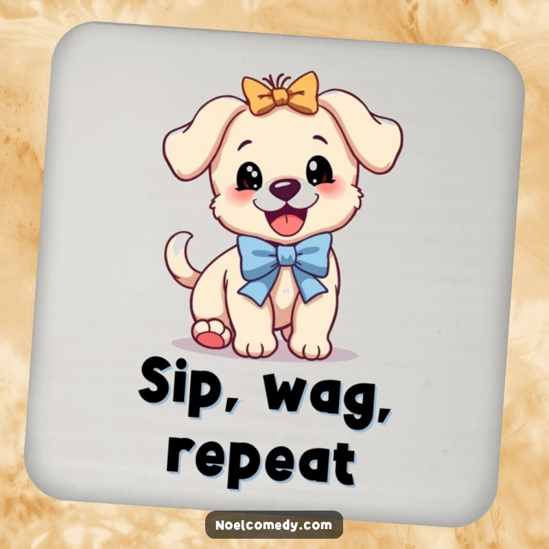 Funny coasters with a bouncing puppy wearing a festive bow and wagging its tail furiously, perfect for table protection.