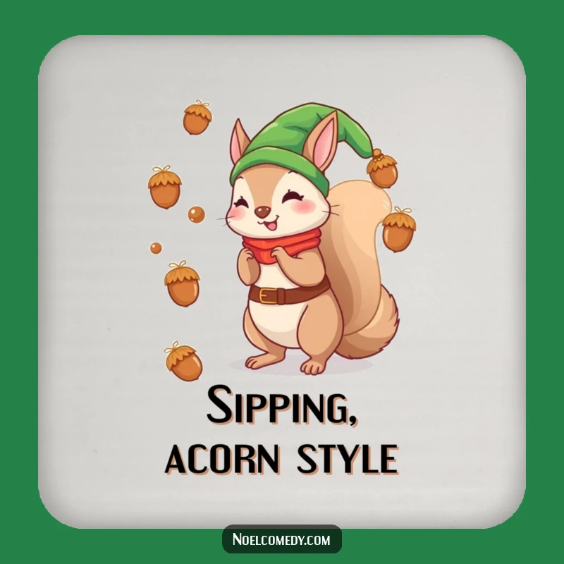 Funny Elf Squirrel Coaster Set: Holiday Table Protection, Whimsical Acorn Gift