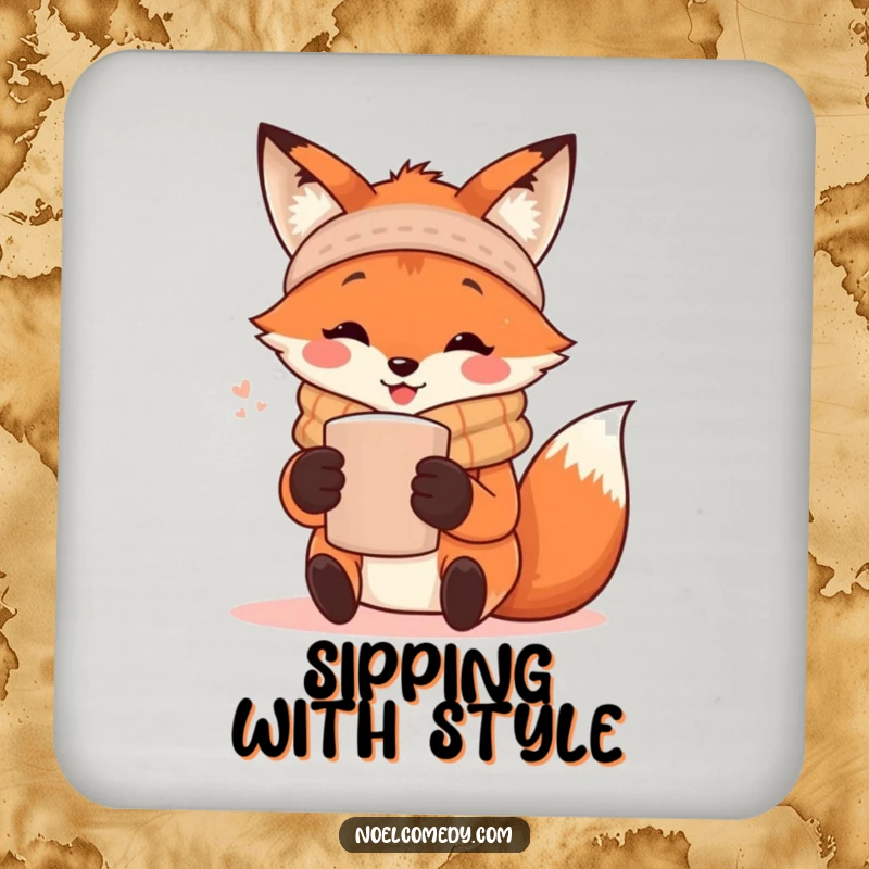Funny Coaster: A coaster featuring a happy fox in a scarf holding a warm mug, adding rustic charm to drink service.