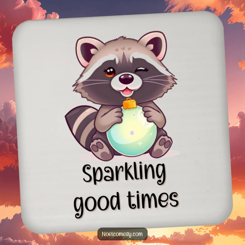 Funny coasters featuring a winking raccoon holding a shiny Christmas ornament, providing festive surface protection.