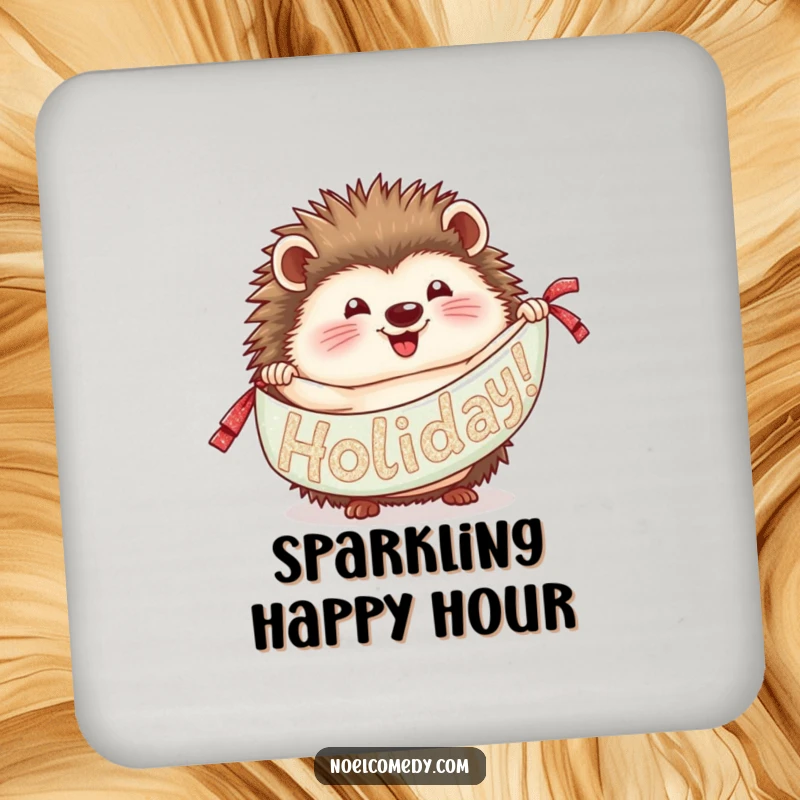 Funny Hedgehog Coasters: Delighted hedgehogs unrolling glittery banners, adding humorous festive protection to your tabletop.
