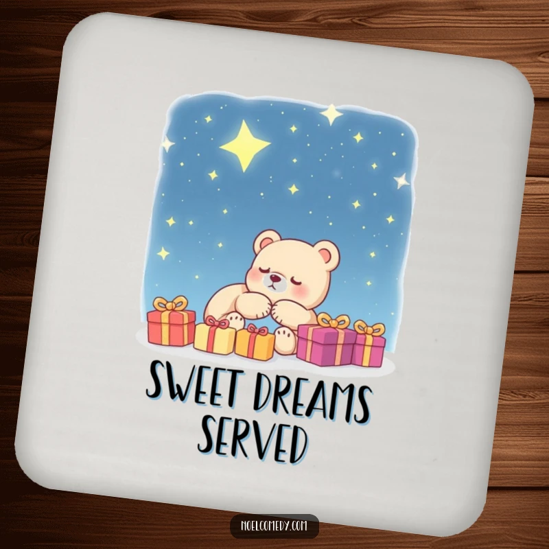 Funny Coaster: A sleeping bear cub dreams of presents under a starry sky, offering humorous protection for drink surfaces.