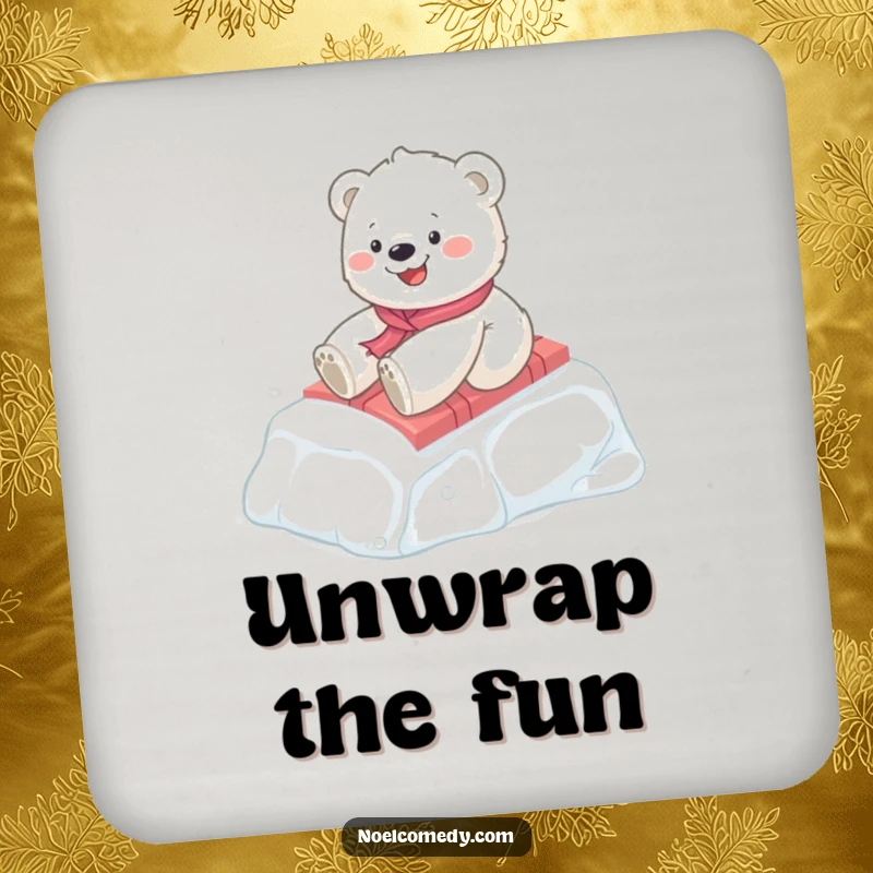 Funny Polar Bear Cub Drink Coasters: A happy cub slides on a gift box, adding winter flair, a practical and funny gift.