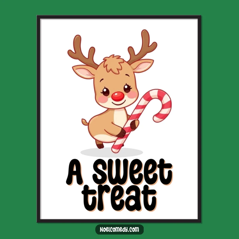 Funny Playful Reindeer Candy Cane Poster: Whimsical Holiday Art