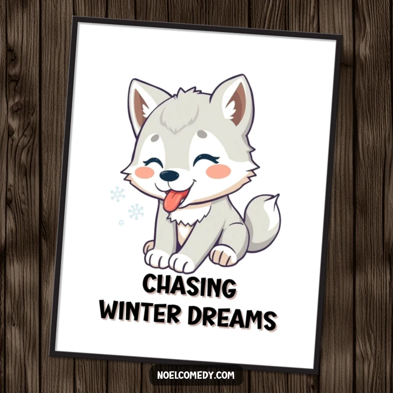 Funny poster featuring a playful wolf pup catching snowflakes on its tongue, creating a whimsical winter scene.
