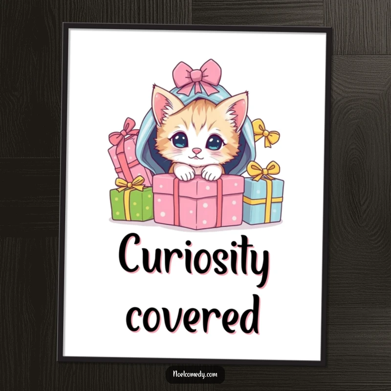 Funny Poster illustrating a playful kitten peeking out from under a pile of wrapped Christmas gifts, festive decor.