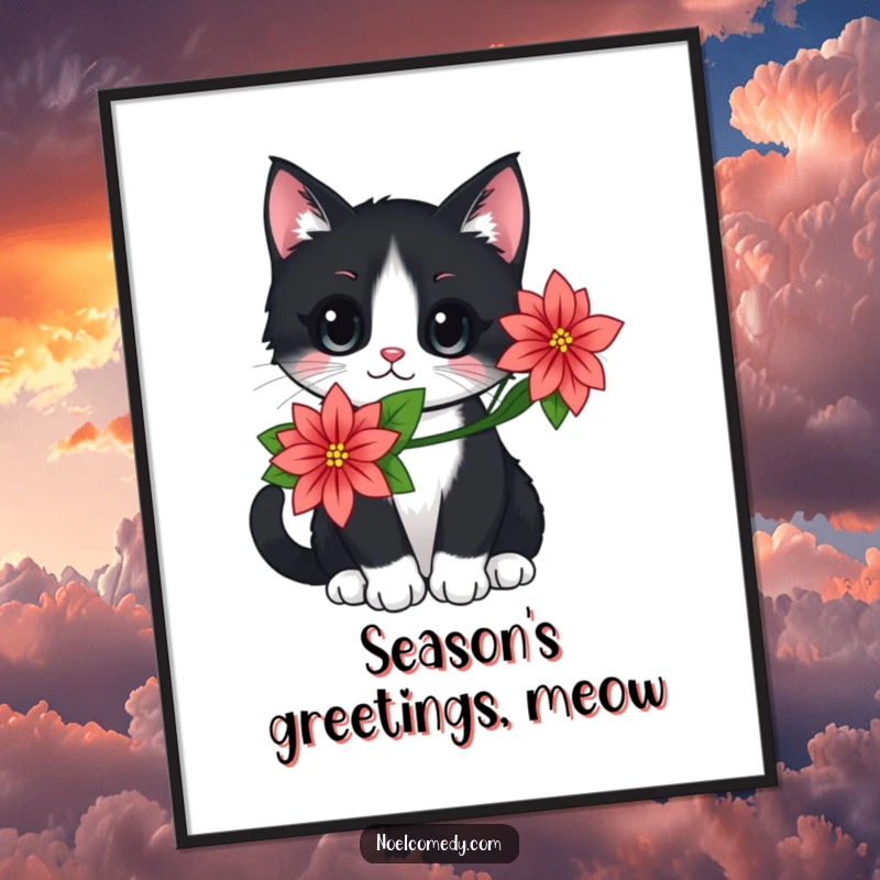 Funny poster art of a black and white cat wearing a poinsettia flower, bringing festive holiday cheer to any room.