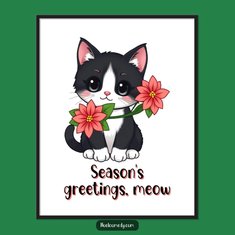 Cute Cat Poinsettia Poster, Festive Holiday Art, Black Cat Decor Gift