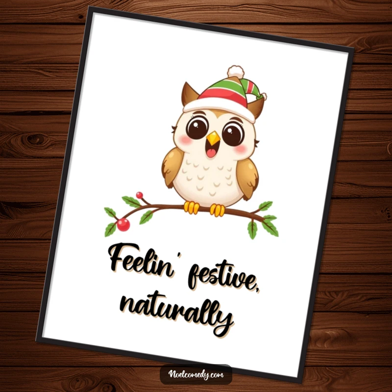 Funny poster art of an excited owl in a festive hat perched on a decorated branch, perfect for holidays.