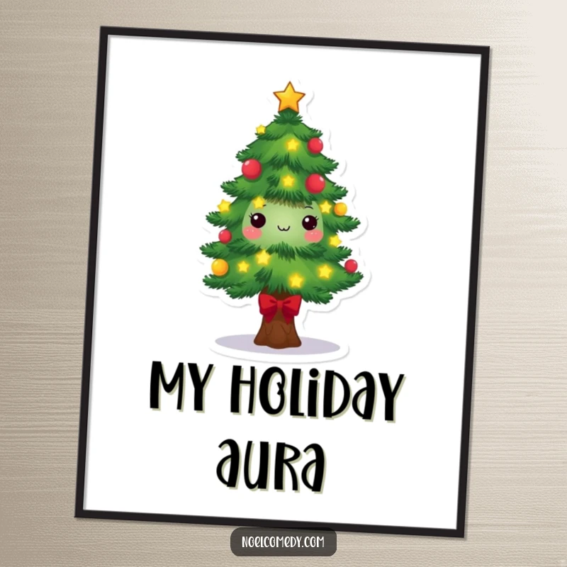 Festive Pine Tree Poster: A smiling pine tree character adorned with sparkling lights and stars, capturing the quintessential spirit of Christmas.