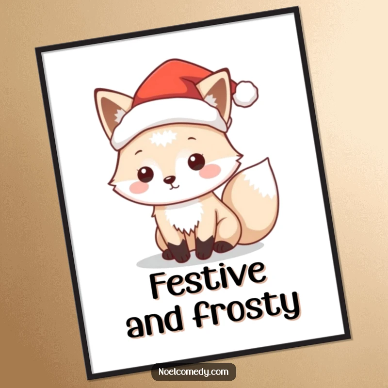 Funny poster featuring a playful arctic fox character wearing a tiny Santa hat, adding festive cheer to walls.