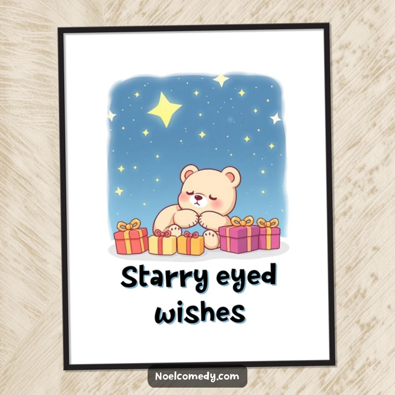 Funny Poster: A sleeping bear cub dreams of gifts under a vast, starry night sky, creating a peaceful and humorous piece of art.
