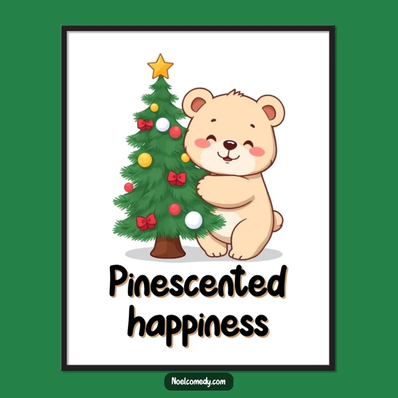 Funny Bear Hugging Tree Poster: Charming Cub's Festive Art for a Wall Decor Gift