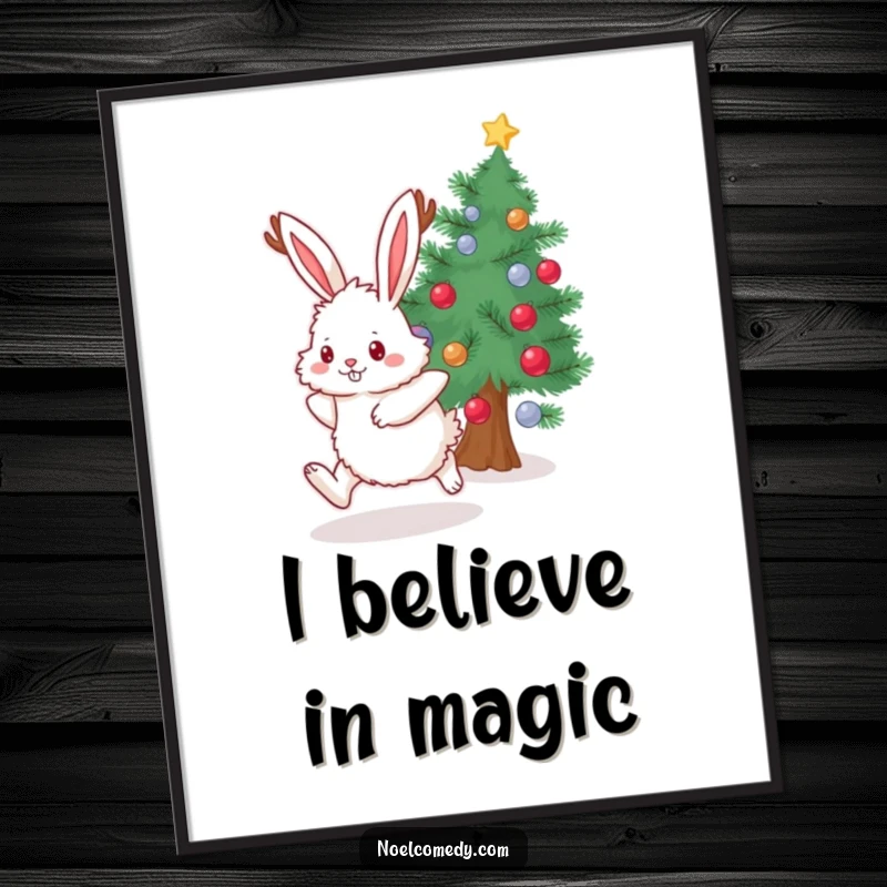 Funny Poster showing a fluffy bunny with antlers excitedly hopping near a decorated evergreen, a whimsical holiday scene.