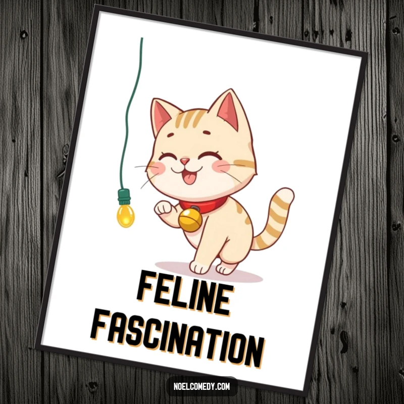 Funny Poster illustrating a smiling cat with a bell collar, chasing a dangling Christmas light.