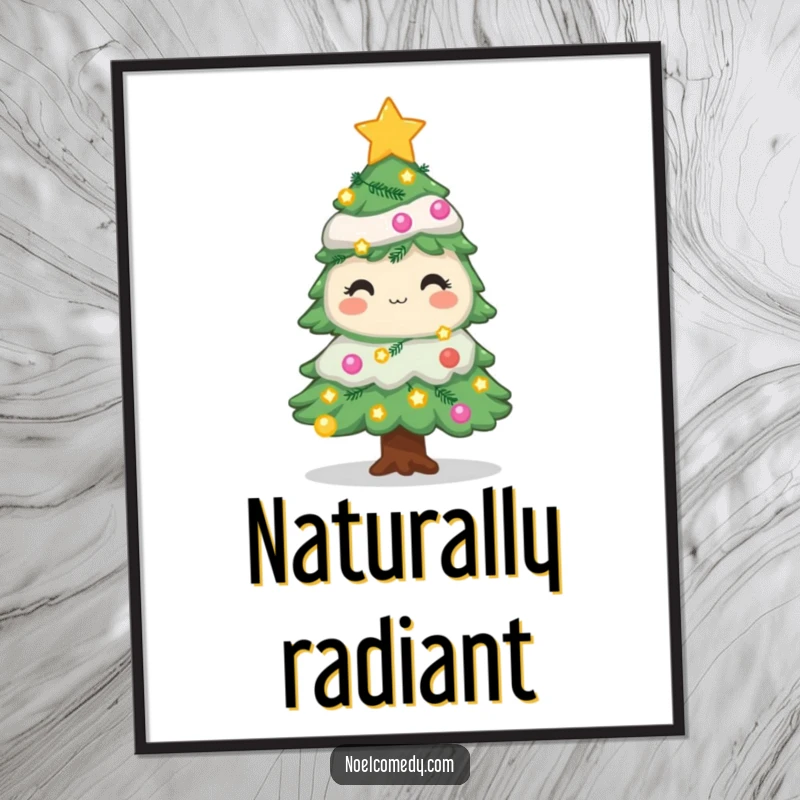 Funny Christmas tree poster showcasing a decorated pine with twinkling lights and stars, adding festive charm to any wall.
