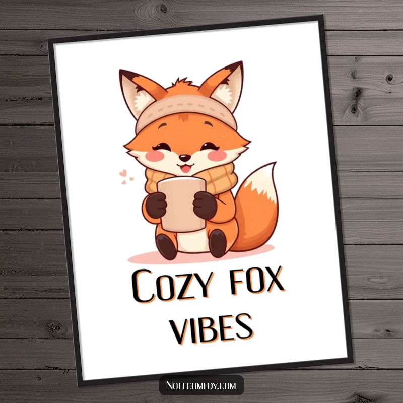 Funny Poster: A happy fox wearing a scarf, holding a warm mug, embodying the cozy essence of autumn and relaxation.