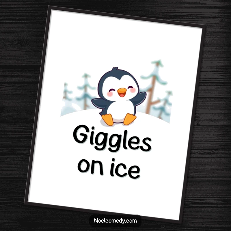 Funny Poster of a giggling penguin sliding gleefully down a snowy hill, capturing pure wintertime joy.