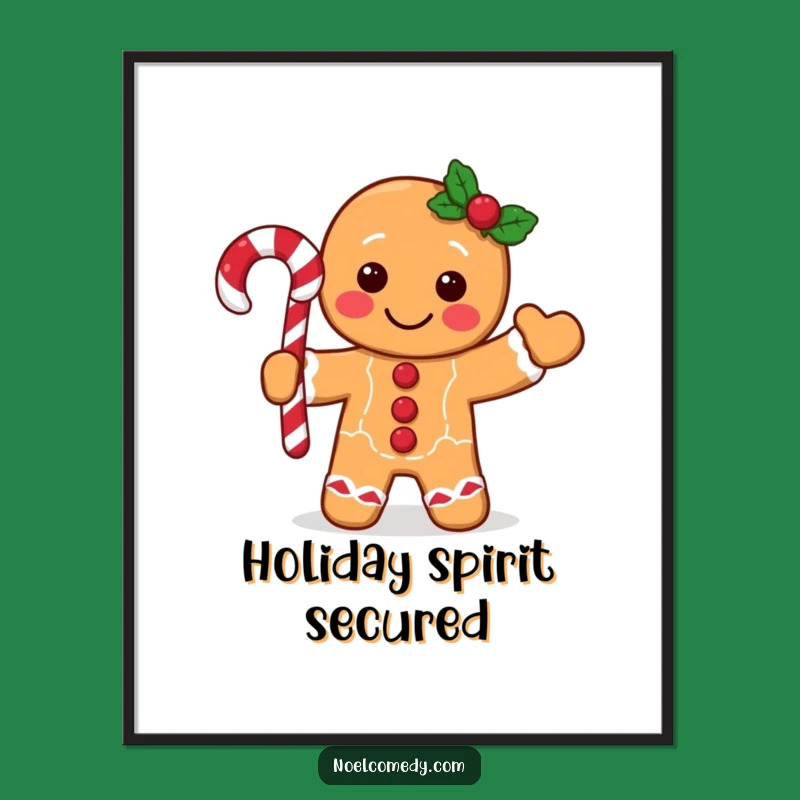 Funny Gingerbread Man Poster: Festive Character Waving Candy Cane, Whimsical Holiday Wall Art
