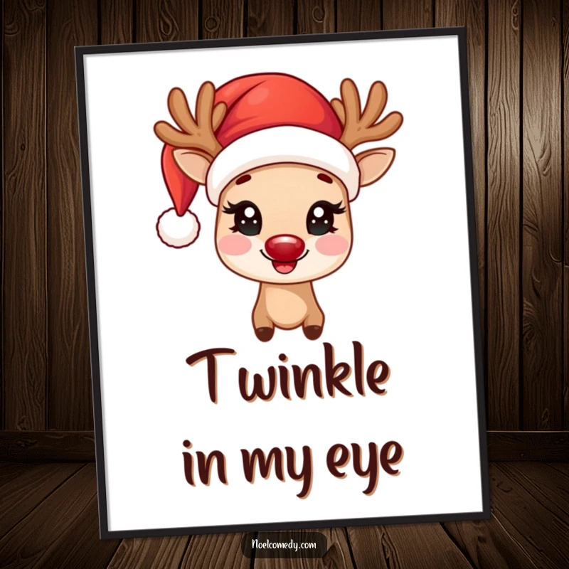 Funny Poster of a joyful reindeer wearing a Santa hat, its eyes twinkling with festive merriment and holiday cheer.