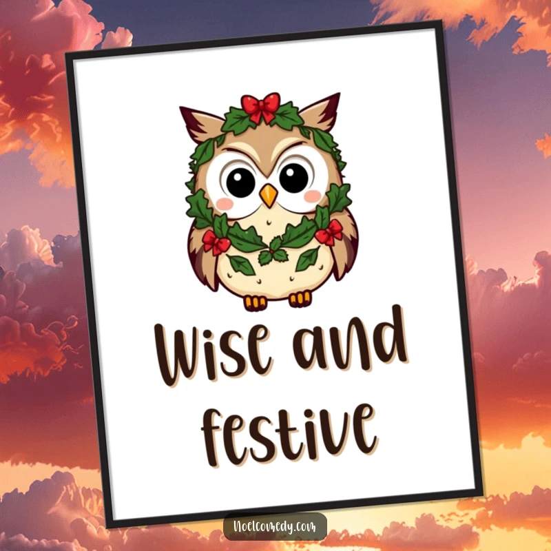 Funny owl poster displaying a curious character adorned with a festive wreath, ideal for adding whimsical holiday decor.