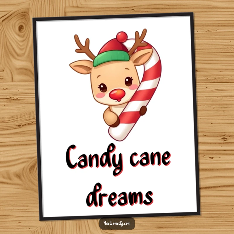 Funny cute reindeer with a glowing red nose, peeking from around a giant candy cane, presented as a festive art poster.