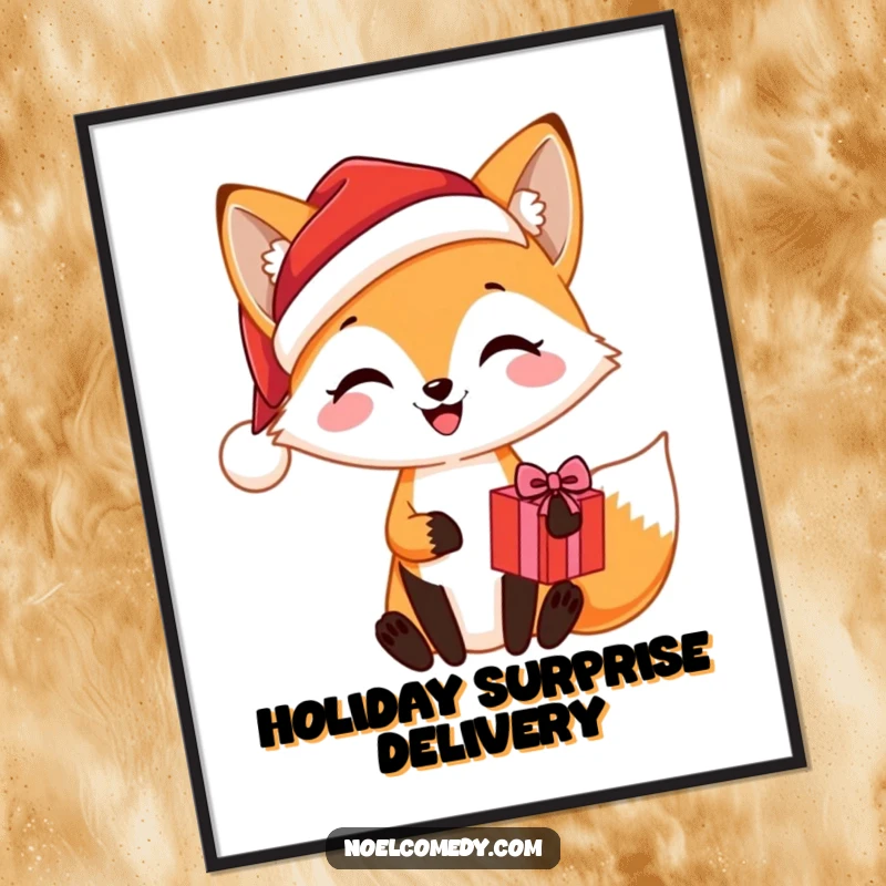 Funny poster showcasing a joyful fox wearing a Santa hat and holding a Christmas present, bringing festive charm to any room.