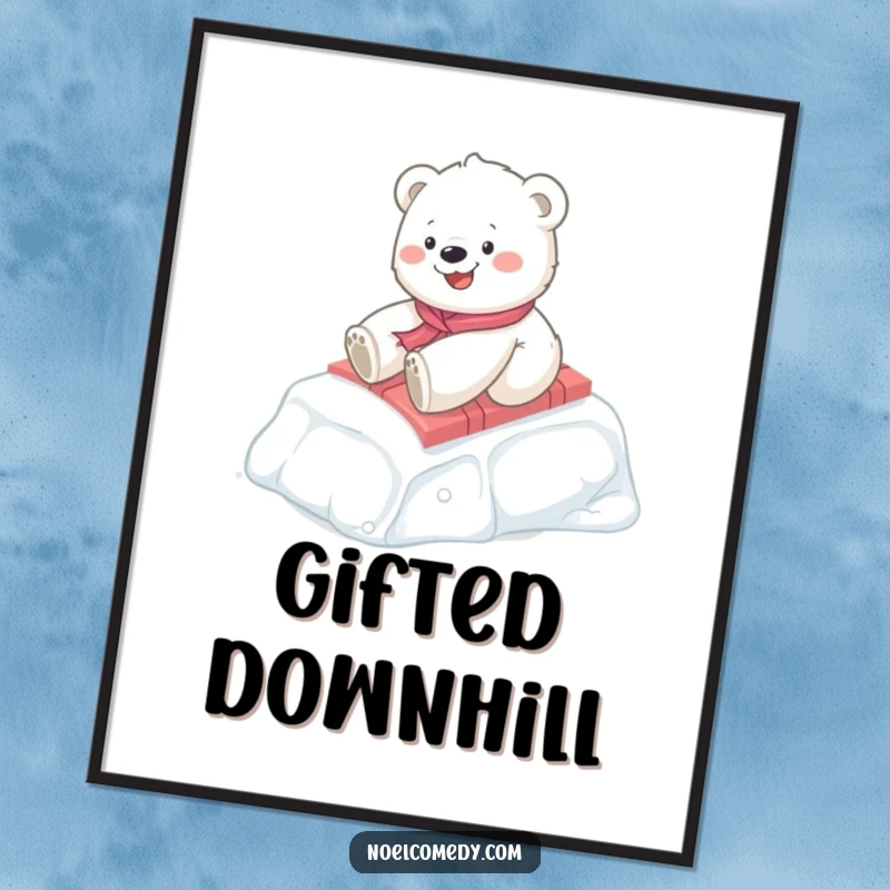 Funny Polar Bear Cub Poster: A happy cub slides down an icy hill on a gift, a heartwarming and funny gift.