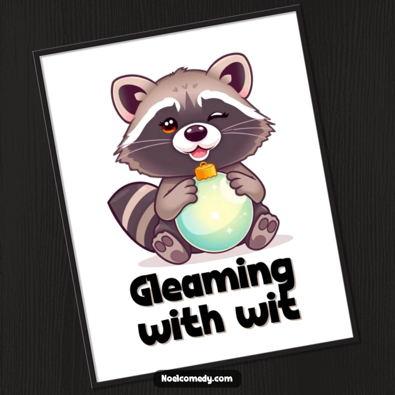 Funny poster print of a winking raccoon holding a shiny Christmas ornament, adding a touch of playful mischief.