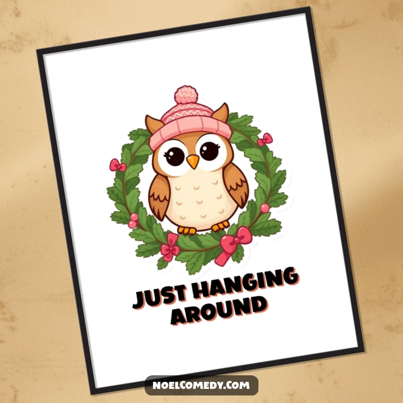 Funny poster depicting a cheerful owl wearing a knitted cap, resting on a festive wreath, adding charm to decor.