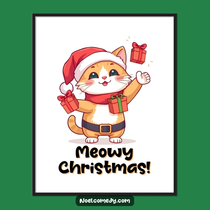 Funny Santa Cat Poster: Juggling Gifts Art, a Hilarious Holiday Decor Gift