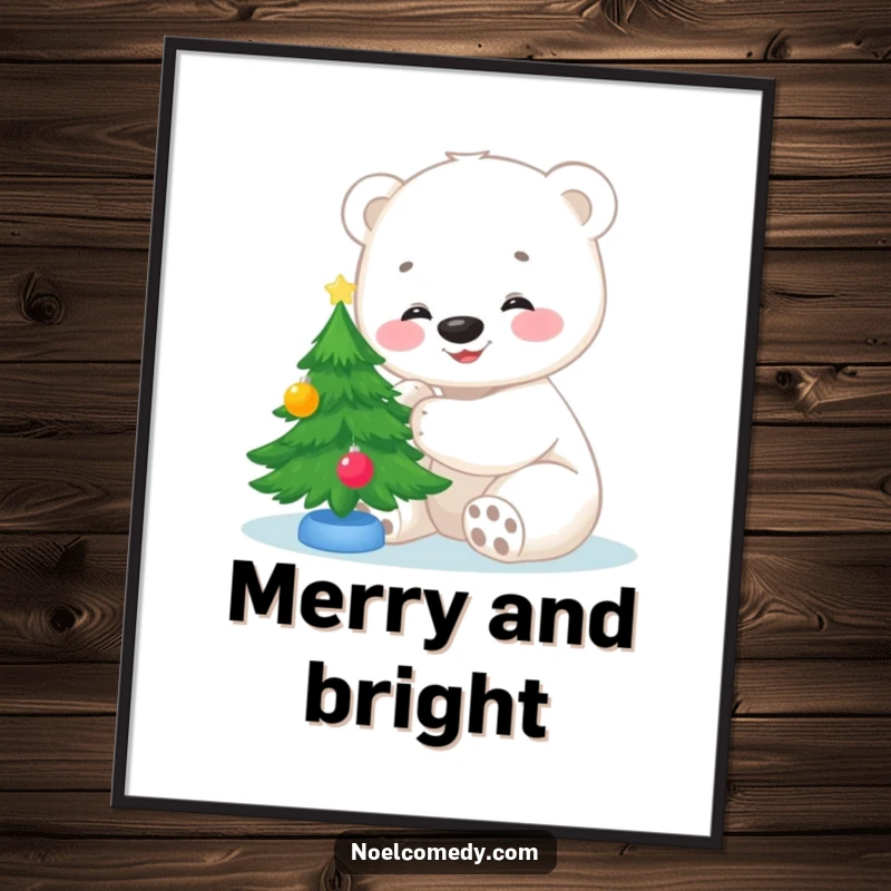Funny poster showcasing a smiling polar bear cub joyfully decorating a miniature Christmas tree, capturing the essence of holiday magic.