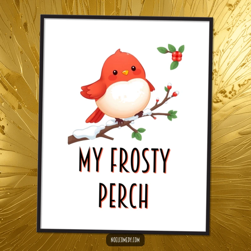Cheerful Robin Poster: A vibrant red robin sitting on a snowy branch, capturing the delicate beauty and tranquility of a winter scene.