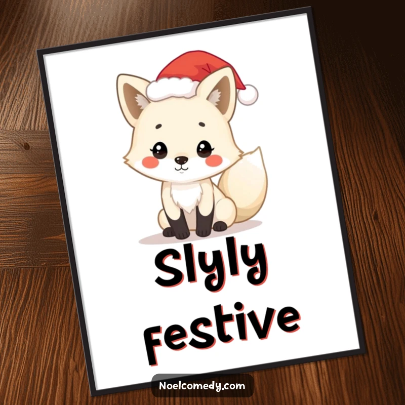 Funny arctic fox poster featuring a playful fox wearing a tiny Santa hat, adding festive charm and holiday spirit to decor.