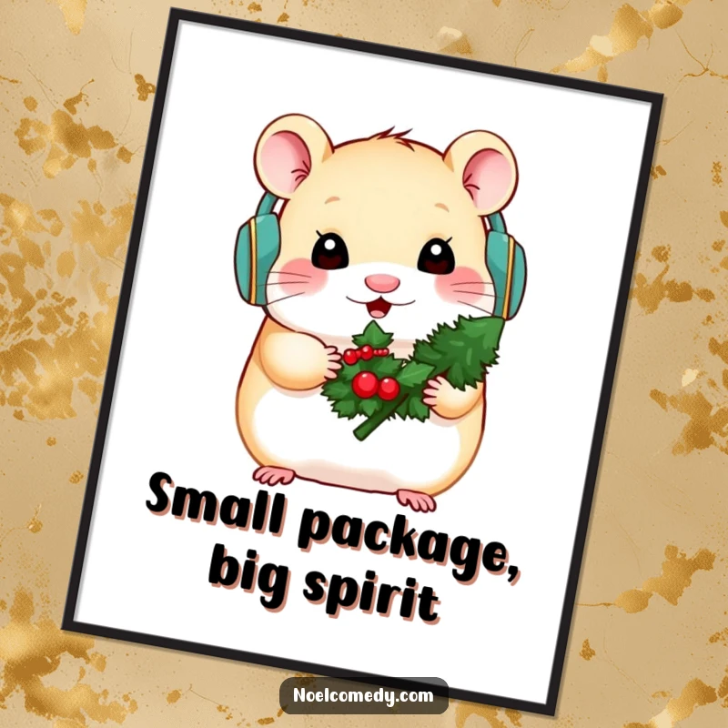 Funny poster art of a hamster in earmuffs holding a small decorated evergreen, perfect for winter decor.