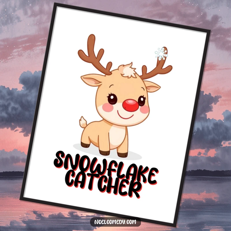 Funny Poster: A smiling reindeer with a glowing red nose catches a single snowflake, embodying winter's delicate magic and joy.