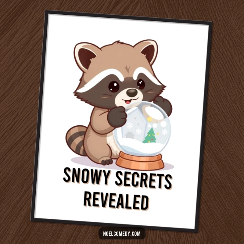 Funny poster art of a raccoon in mittens excitedly shaking a snow globe, perfect for winter decor.