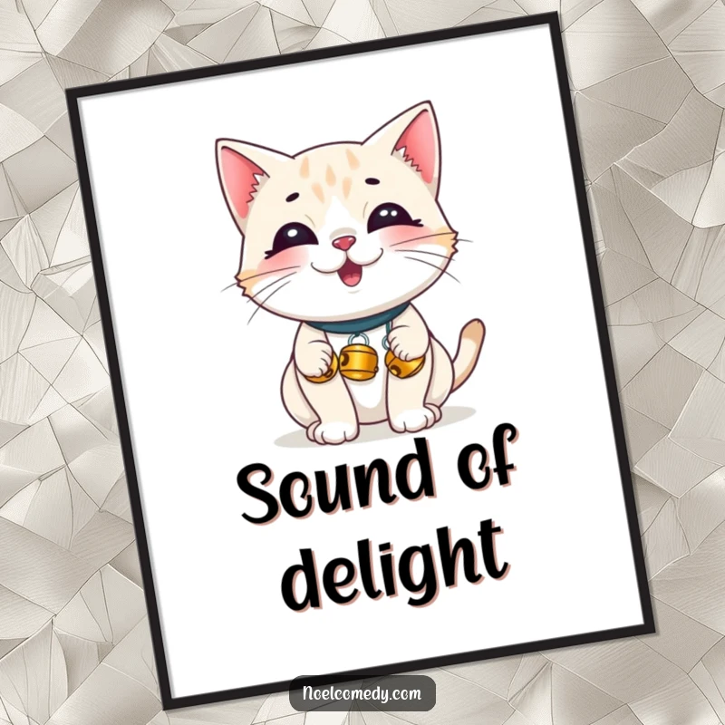 Funny Poster: A giggling cat adorned with tiny jingle bells, radiating playful mischief and festive charm for wall art.