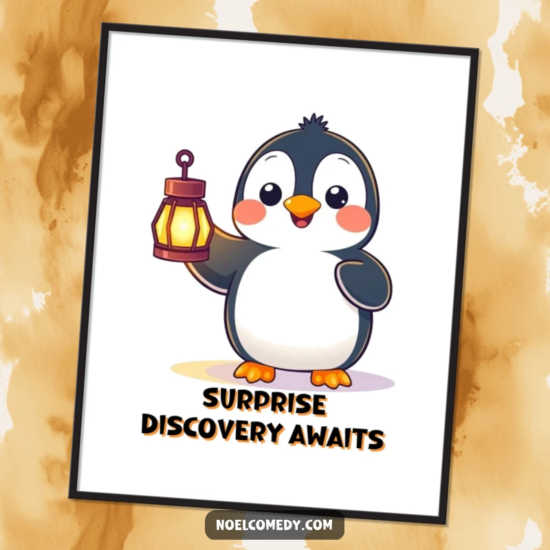 Funny poster illustration of a happy penguin with an expression of utter surprise holding a brightly glowing lantern, a beacon of joy.