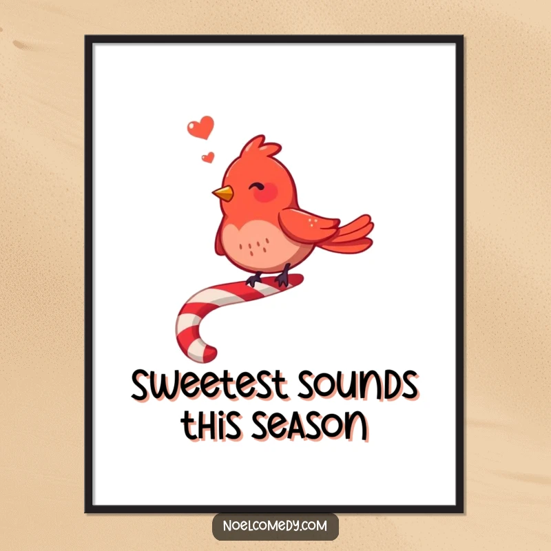 Funny Red Bird Poster: A cheerful red bird perched on a candy cane sings a merry tune, perfect for festive decor.