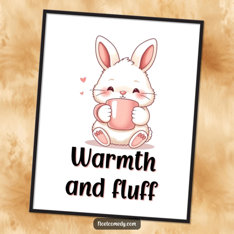 Funny Poster: A fluffy bunny holding a warm mug, embodying coziness, warmth, and adorable humor for charming wall art.