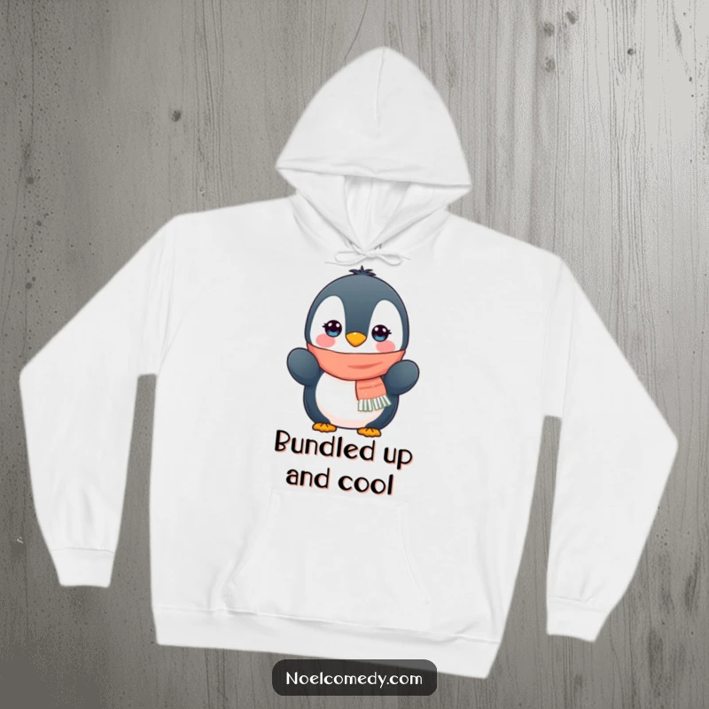 Funny hoodie showcasing a lovable penguin character fully equipped with a stylish scarf and mittens for maximum winter coziness.