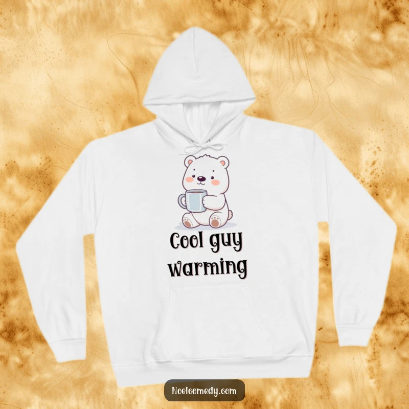 Funny polar bear hoodie featuring a smiling bear holding a steaming mug, designed for ultimate coziness and warmth.