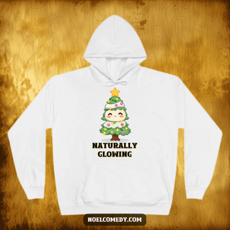 Funny Christmas tree hoodie featuring a decorated pine with twinkling lights and stars, perfect for staying warm and festive.